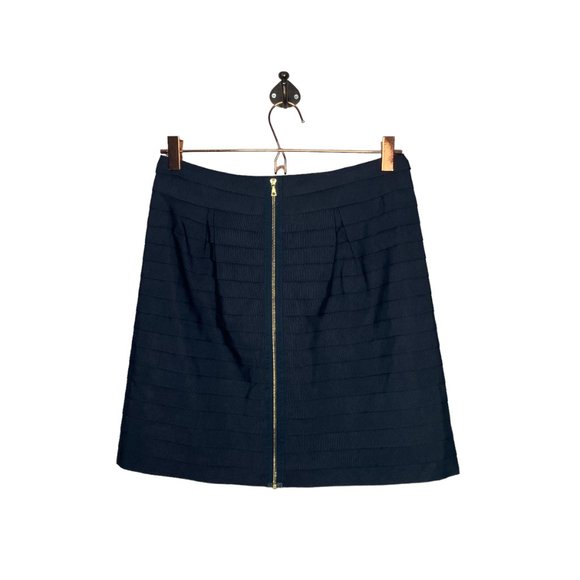 Anthropologie 4‎ Leifsdottir Navy Blue Tiered Ribbon Gold Zip Mini Pencil Skirt - Picture 2 of 4
